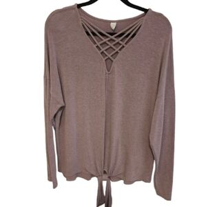 Cy Fashion Cross-Lace Mauve Pullover Top with Knot at Hem